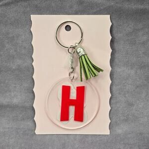 Letter Keychain Clear Silver Circle Handmade‎ Acrylic Tassel Flower H Green